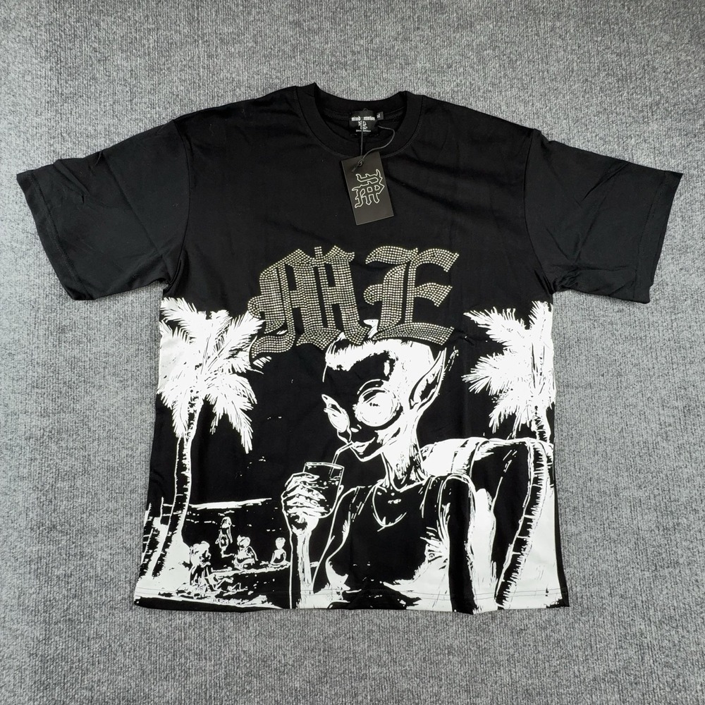 Mixed Emotion Shirt Mens XL Black Alien Beach Rhinestone Graphic Tee Streetwear
